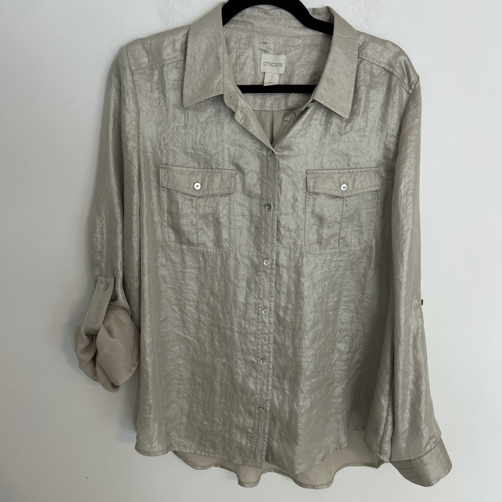 Chico's Sz 2 Gold Shiny Metallic Blouse Button Front Holiday Party Tab/long Slee